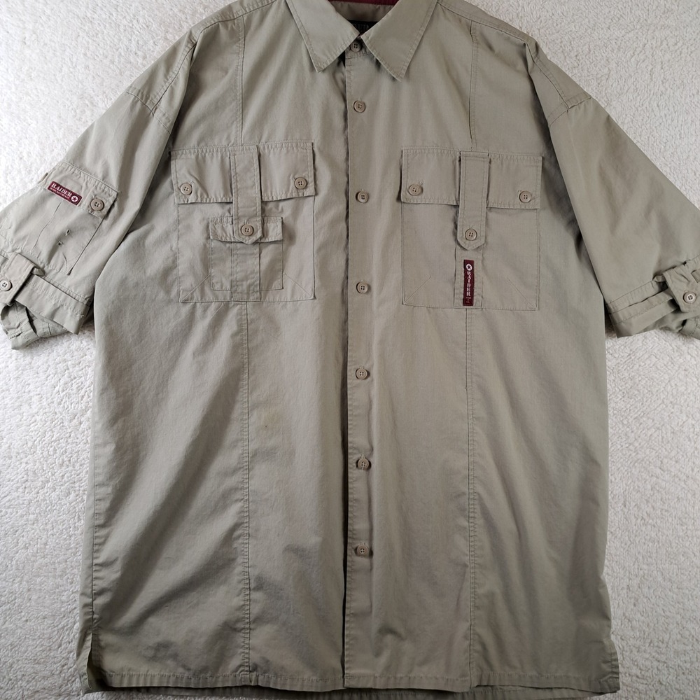 Raider Jean Company Shirt Mens XL Tan Khaki Button up Short Sleeve Outdoor Fish